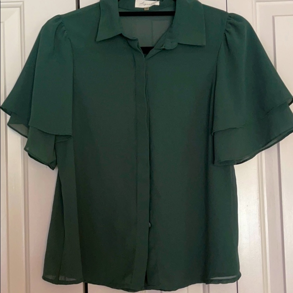 JEWEL TONE sheer emerald ruffle sleeve blouse